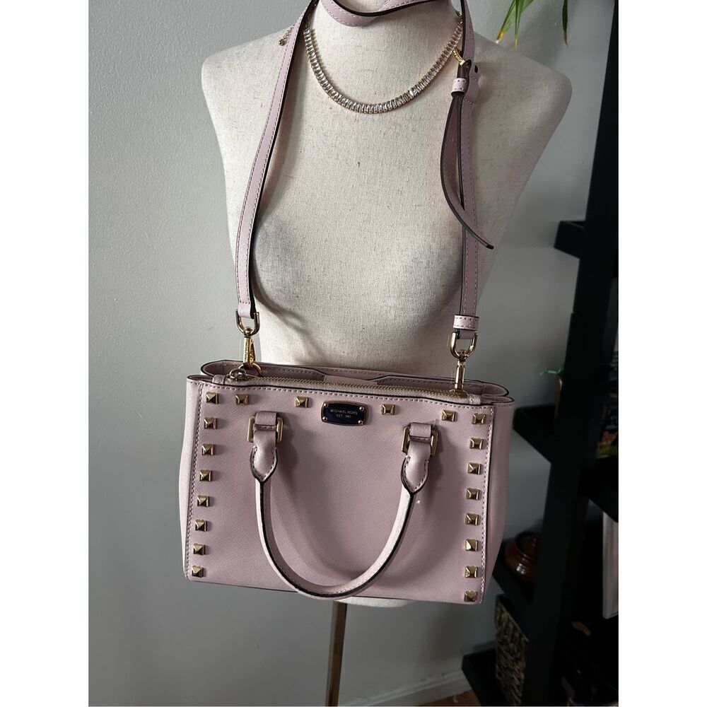 Michael Kors Saffiano Leather Kellen Studded Blossom Satchel Bag in Pink Purse